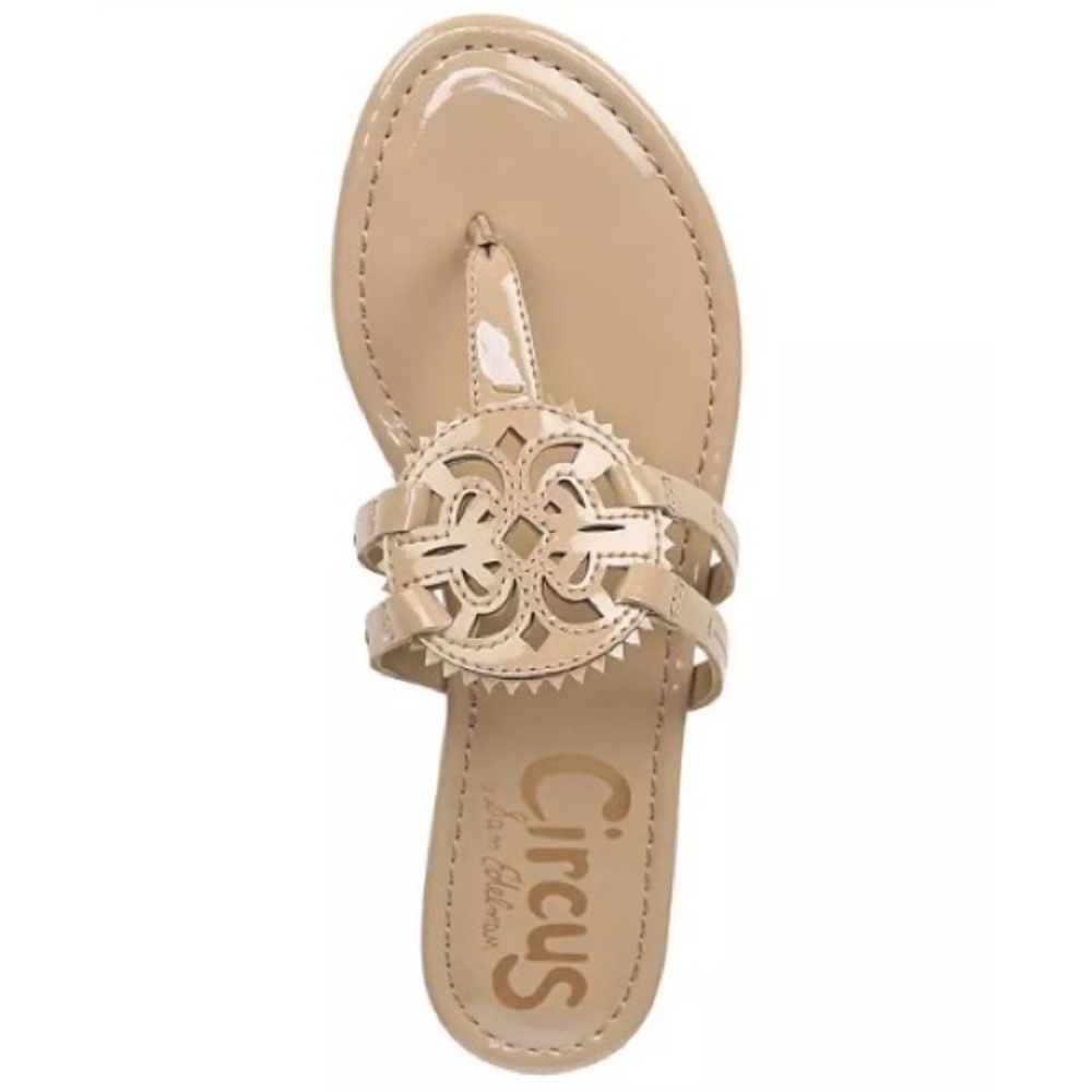 Circus by Sam Edelman Beige Patent Leather Cutout Medallion Thong Sandals
